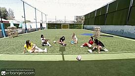 Horny babes seducing soccer coach suggestively