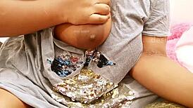 The brother's wife, an indian beauty, shows off her big boobs in the room.