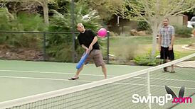 Brunette and blonde explode in sex games outside before swinger orgy!