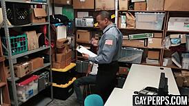 Tattooed ebony thief feels barebacked hard by security guard