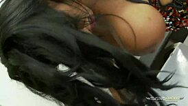 Whoa, this busty brunette just got a huge surprise! A fat dick popped out at the gloryhole.