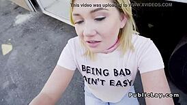 Blonde Laughs With Guy Outdoors