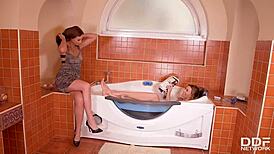 in the bathroom, ani blackfox and tina kay engage in lesbian sex with foot fetish licks