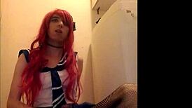 redhead crossdressing amateur solo jerks off in homemade setting