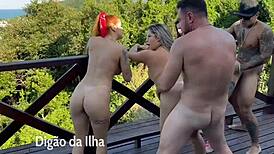Three naughty amateurs blowjob and enjoy on the outdoor balcony