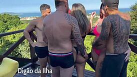 Three naughty amateurs blowjob and enjoy on the outdoor balcony