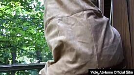 Cougar Vicky Vette takes off sexy costume for solo dirty talk session