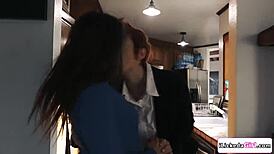 big tits babe strips then licks petite gf