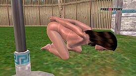 This animated 3D cartoon shows a cute girl laying on the ground, masturbating with a cucumber.