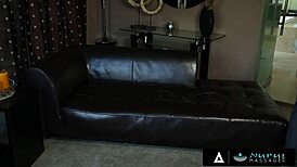 Busty masseuse teases shy client in nuru bath