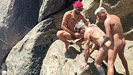 Brazilian Amateur Gay Group Bareback Orgy with Fishermen on Beach Rocks