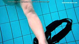 horny teen 18+ strips fast in pool showing tight pussy underwater