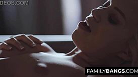 In this taboo lesbian tale, sweet stepsisters Lyra Law and Charlotte Stokely make love in bed with strapon.