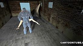 Busty 3D babe faces double team in jail cell.