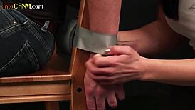 Busty redhead cfnm domme sucks sub cock while voyeurs watch