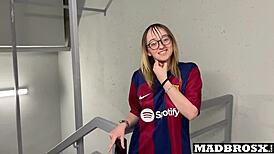 Barcelona fan bent over and drilled by PSG supporters in stadium corridors