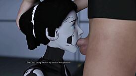 Horny busty brunette AI robot gives intense blowjob in gaming visual novel