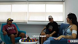 Seducing my stepbrother's gay friend at home alone, flashing my curvy body.