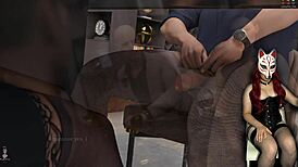 Old cuckold gets footjob under desk in brothel