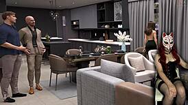 Old cuckold gets footjob under desk in brothel