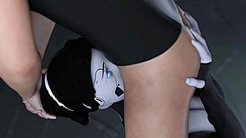 Horny busty brunette AI robot gives intense blowjob in gaming visual novel