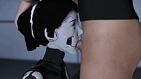Horny busty brunette AI robot gives intense blowjob in gaming visual novel