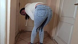 desperate teen pissing messily in jeans and fleece jacket, huge homemade fetish amateurs