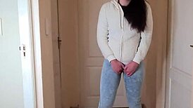 desperate teen pissing messily in jeans and fleece jacket, huge homemade fetish amateurs
