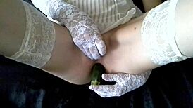 Milf fucks zucchini in pussy and ass for real orgasm