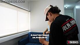 Seducing my stepbrother's gay friend at home alone, flashing my curvy body.