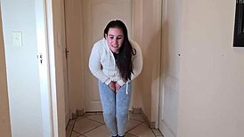 desperate teen pissing messily in jeans and fleece jacket, huge homemade fetish amateurs