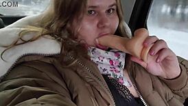 Chubby Cute Girl Rips Pantyhose to Tease Wet Pussy in Taxicab