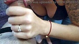 Blonde in jeans sucks friend’s dick post-date with close-up cumshot