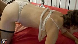 French Amateur Teases in Satin Lingerie with Big Ass Blowjob and Doggystyle