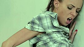 Orgasms Fill Young Natural Babe During Intense Foreplay on Stairs