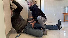 Hot Wife Sucks Plumber in Kitchen, Swallows Cum in Mouth