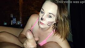 kitty gets her huge cum load in mouth on the bed 😋