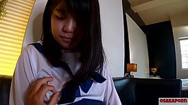 Wow, check out this cute 18-year-old Asian in sailor uniform having her first squirting with 20+ orgasms from fingering and toys!