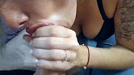 Blonde in jeans sucks friend’s dick post-date with close-up cumshot