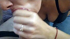 Blonde in jeans sucks friend’s dick post-date with close-up cumshot