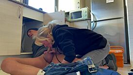 Hot Wife Sucks Plumber in Kitchen, Swallows Cum in Mouth