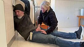 Hot Wife Sucks Plumber in Kitchen, Swallows Cum in Mouth