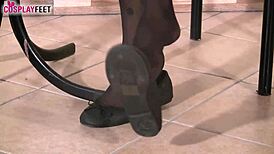 in black dotted stockings, blonde ballerina teases with her feet in cosplay fetish play.