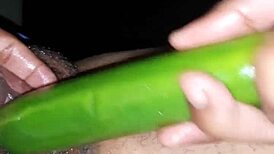 Sexy Indian Wife Oils Up for VIBRATOR and CUCUMBER Play