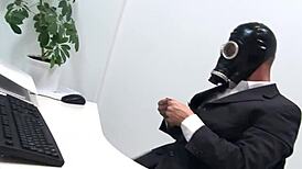 Chesty blonde babe in latex gags on hard shaft