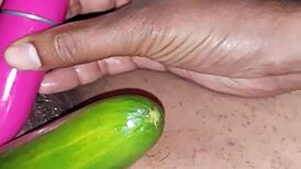 Sexy Indian Wife Oils Up for VIBRATOR and CUCUMBER Play