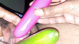 Sexy Indian Wife Oils Up for VIBRATOR and CUCUMBER Play