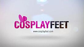 in black dotted stockings, blonde ballerina teases with her feet in cosplay fetish play.