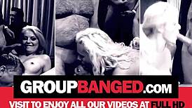 Skinny Old Whore Takes Hard Gangbang from a Bunch of Horny Guys