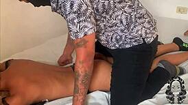 Horny stepsister enjoys massage on tits and ass.